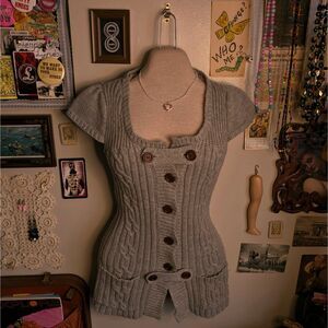 Y2K Button Up Sweater Cardigan Women's XS/Small Light Gray Short Sleeve